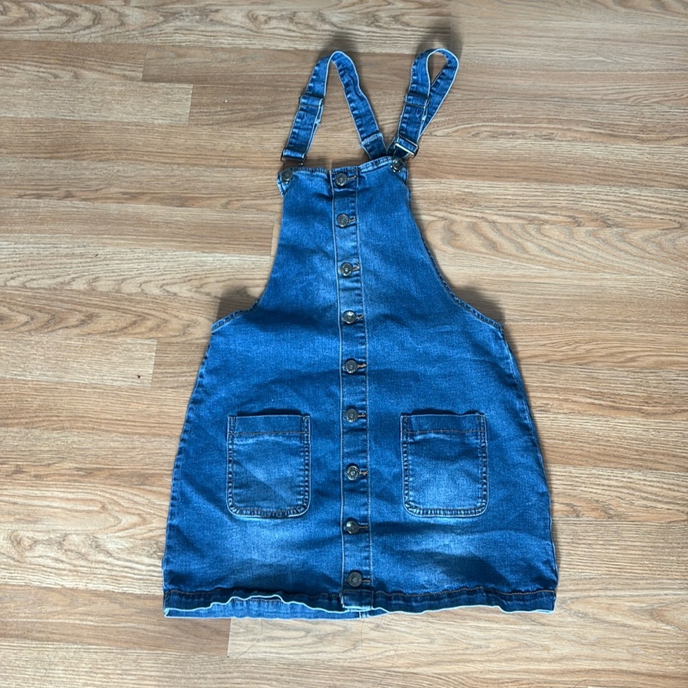 Hot Kiss Denim Overall Dress Womens 9 Blue Excellent Button Front Pinafore Mini